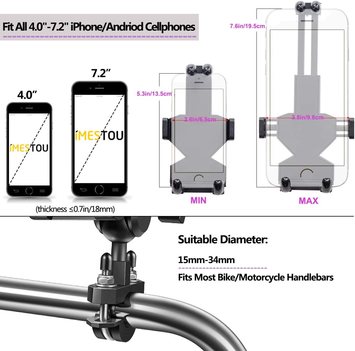 iMESTOU Aluminium Motorcycle Phone Mount U-Bolt Handlebar 1" Ball Stem Cellphone Holder 360 Rotating Universal for 4.0“-7.2” Large Phones - Image 5