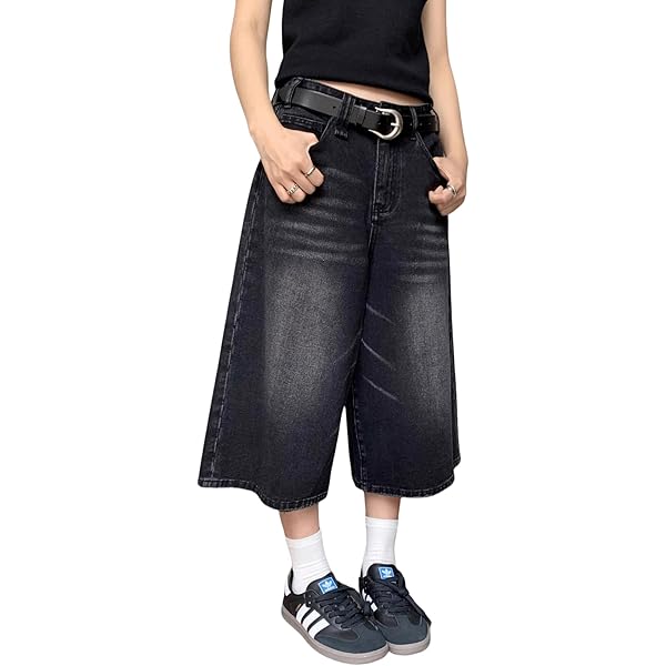 Crancious Baggy Unisex Y2k Style Denim Shorts Wide Leg Short