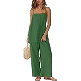Yanekop Linen Sets for Women 2 Piece Pants Summer Outfits Matching Lounge Sets Spaghetti Strap Tank Top Pants Sets