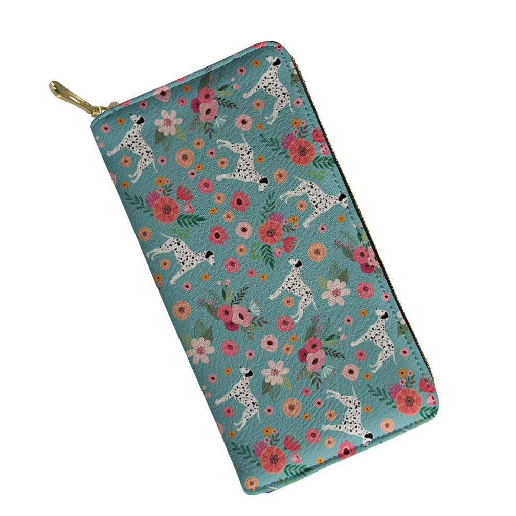 Dalmatian Dog Floral Print Women Leather Wallet Long Clutch Purse Card Holder with Inner Zipper Coin Pocket