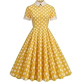 Women Short Sleeve 1950s Retro Vintage Cocktail Party Swing Dress Polka Dot Audrey Dress Casual A-Line Work Dress with Belt