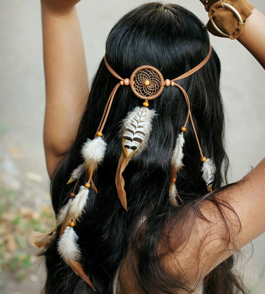 Zoestar Boho Feather Headband Brown Indian Headpiece Dreamcatcher Hippie Head Chain Festival Hair Jewelry Accessories for Women
