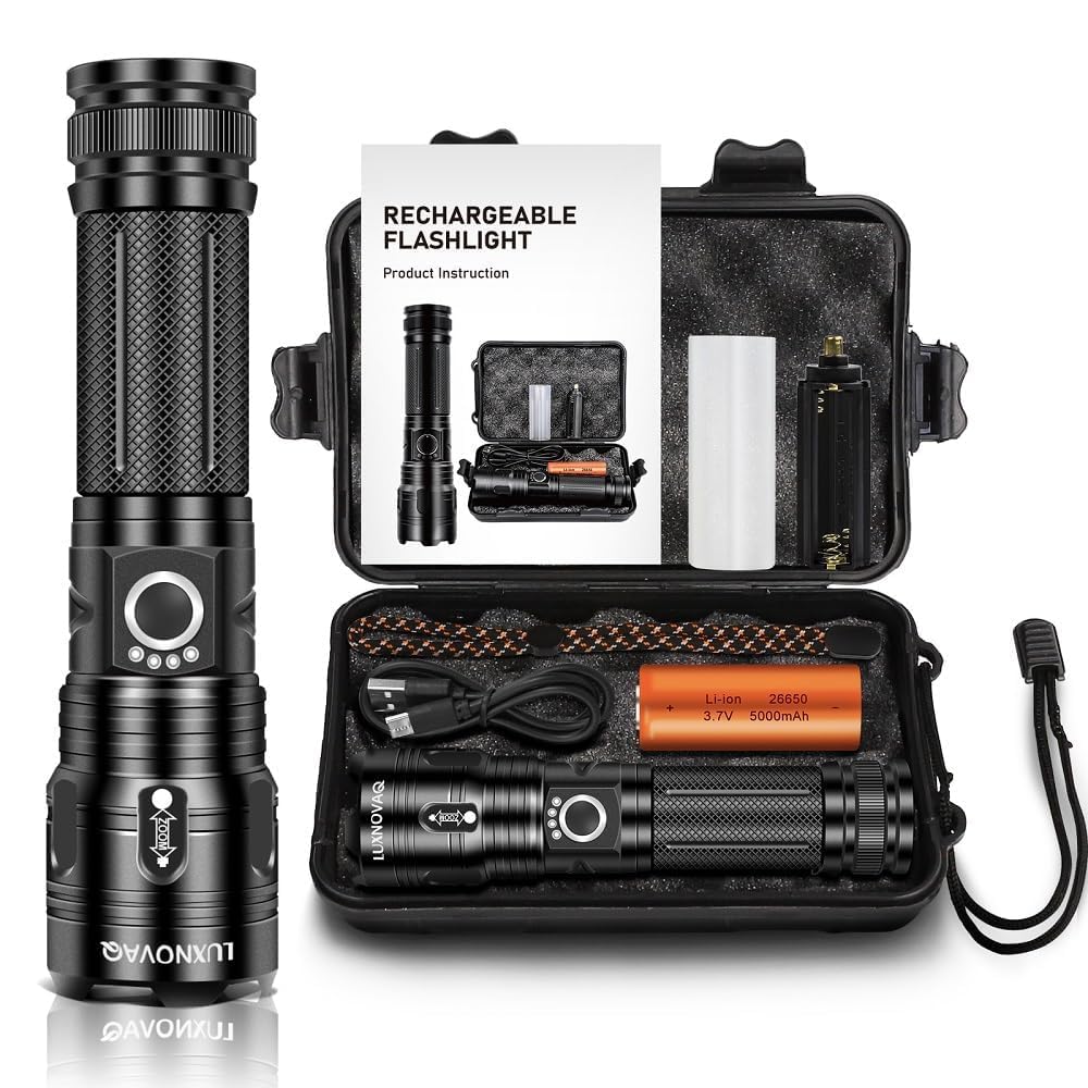 LUXNOVAQ 900000 Lumens Rechargeable LED Torch,XHP70 Torches Led Super Bright,Powerful LED Flashlight,Tactical Handheld Flashlights with 5 Modes,Waterproof Adjustable Camping Torch for Hiking,Emergency