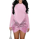 Ekaliy Women's Sexy Long Sleeve Mini Dress Elegant Crew Neck Twist Waist Ruched Bodycon Cocktail Party Short Dresses
