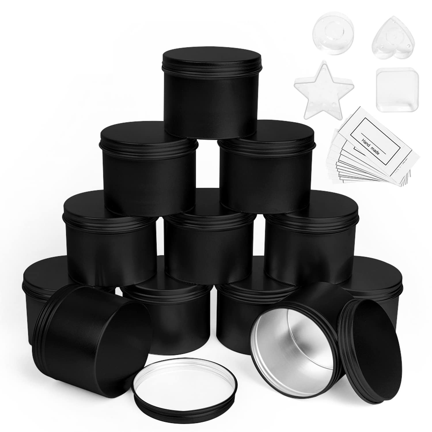 HOTOOLME Candle Jars Empty Containers Candle Tins Black Round Aluminium for Wax Melt Making Kit DIY Storage 12 Pack with 4 Plastic Candle Making Cup（Black）