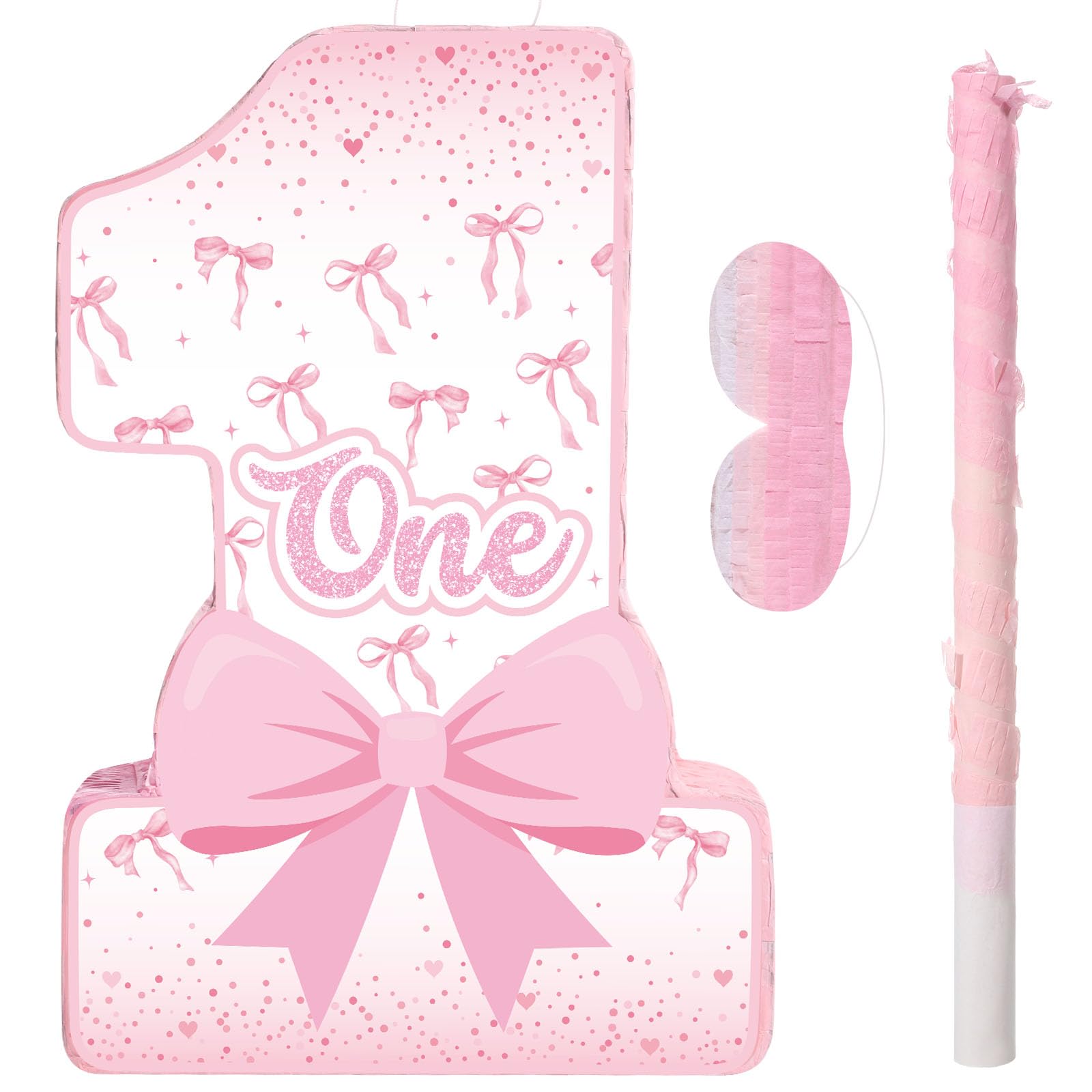 Photo 1 of Blosssound Pink Bow Piñata Baby Girl 1st Birthday Party Decorations Supplies Number One Piñata Set with Stick Blindfold for Pink Coquette theme Birthday Baby Shower Celebration Decorations (Bow)