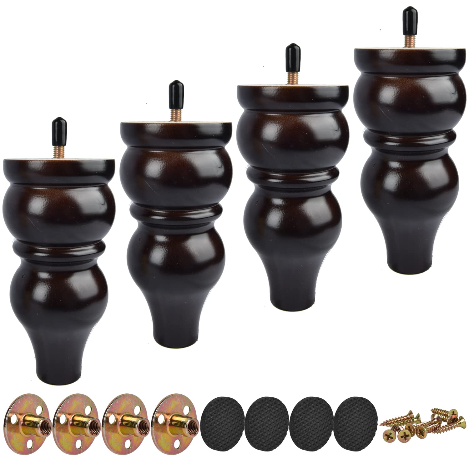 TCHOSUZ 6 inch / 15cm Wooden Furniture Legs, Pack of 4 Classic Black Solid Wood Turned DIY Replacement Bun Feet with M8 Hanger Bolts & T-Nuts for Sofa Couch Ottoman Cabinet Table Riser