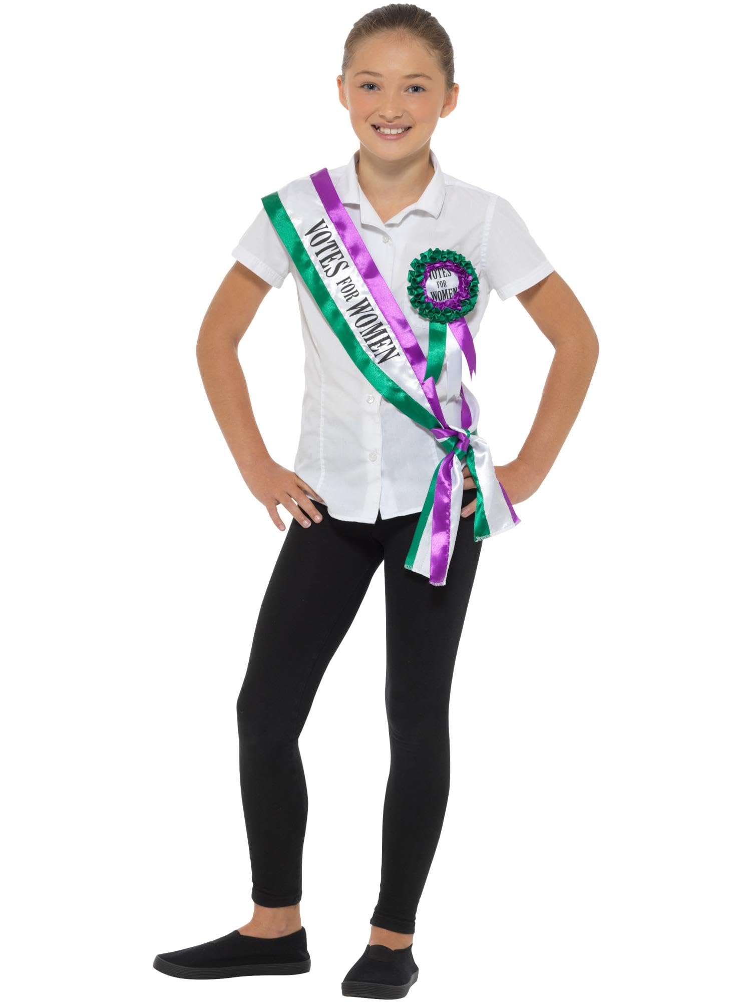 Smiffys Victorian Suffragette Costume Kit, Includes 'Votes for Women' Sash and Rosette, Purple, White and Green, Historical Fancy Dress, Women's Rights Themed Costume Accessory, World Book Day Outfit