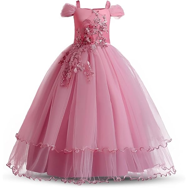 FEESHOW Girls Sequin Lace Flower Girl Dress - Tea Length Pageant Communion Gown With Sash