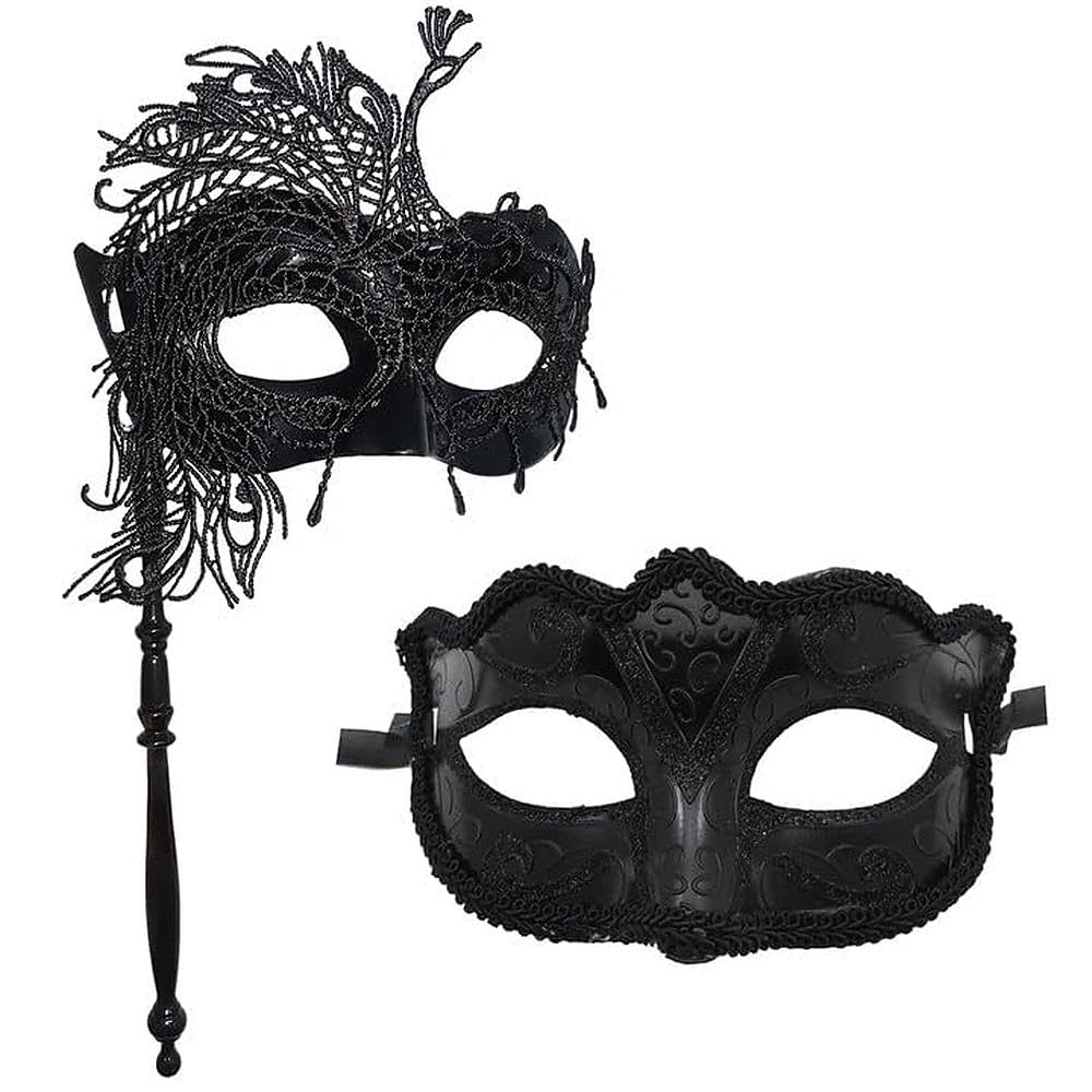 EUPSIIU 2 Pieces Masquerade Mask with Stick, Women Venetian Lace Mask, Mardi Gras Mask, Ladies Halloween, Carnival Masquerade Eye Mask for Women Girls Costume Party Fancy Dress (2PCS)