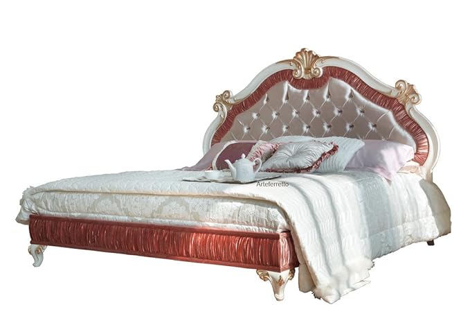 Doppelbett im Stil, gepolsterte Betthaupt/Schnitzarbeit in Goldblatt/4 geschmückte Beine, Einrichtung für Schlafzimmer, Made 