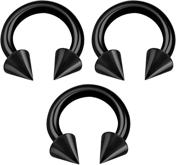 BanaVega 3PCS Surgical Steel Black Horseshoe Hoop 16g 1/4 6mm 3mm Spike