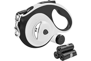 Huhaneon Retractable Dog Leash with Waste Bag Dispenser and Flashlight, 26ft Dog Leash for Small Medium and Large Dogs up to 110lbs, One Button Break & Lock,360°Tangle Free, Soft Anti Slip Grip,White