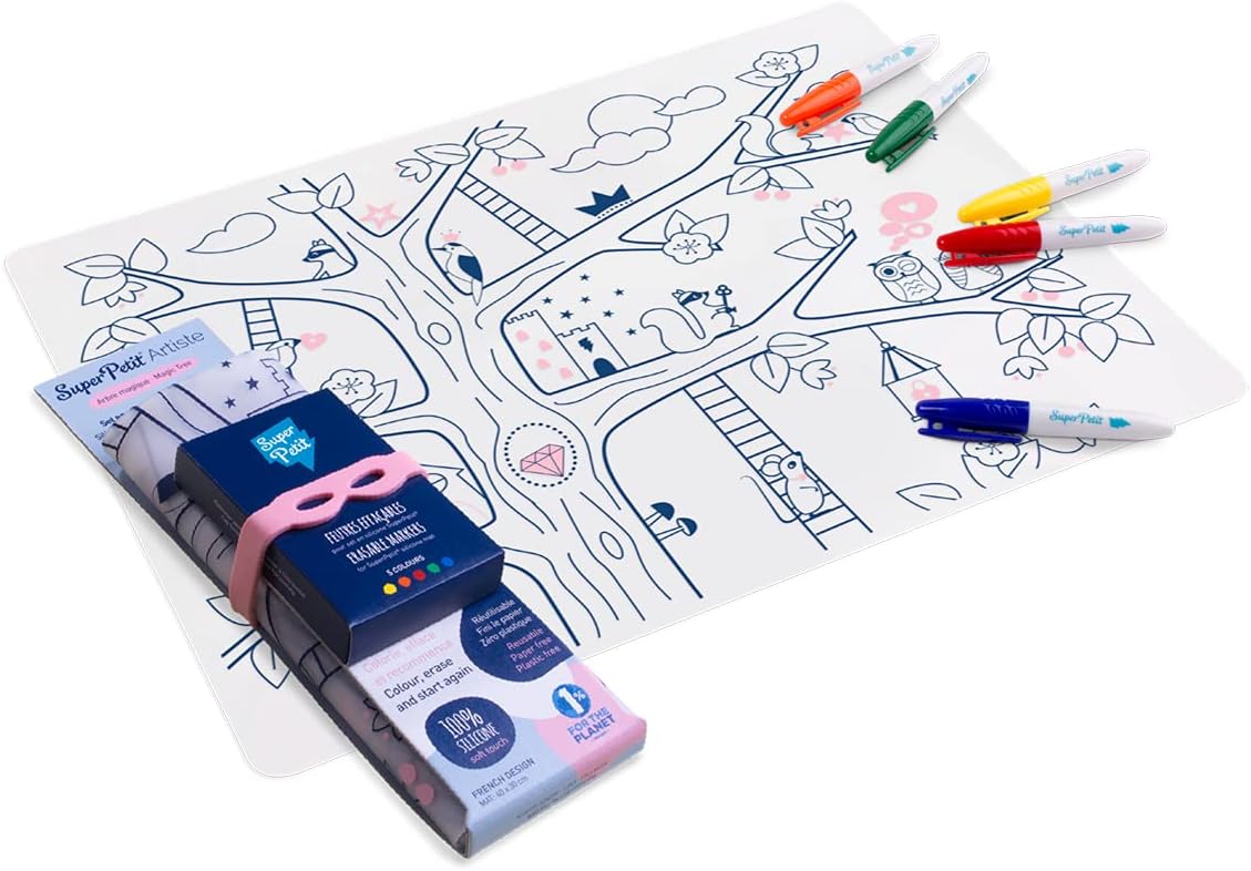 SUPER PETIT, Educational Game, Educational Placemat, Reusable Colouring, Magic Tree, 5 Felt-Tip Pens and Bracelet Included