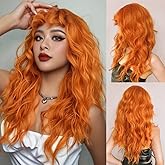 Siudus Orange Long Curly Wigs for Women with Bangs Natural Shag Fluffy Wig Synthetic Hair Wig for Cosplay Halloween Daily Use