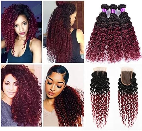 Shengqi Hair 8A Brazilian 2 Tone Ombre Color Jerry Curl Virgin Human Hair Bundles with Closure Human Hair Weaving Kinky Curl Virgin Hair Weave Weft 1B/99J 18 20 22 +16