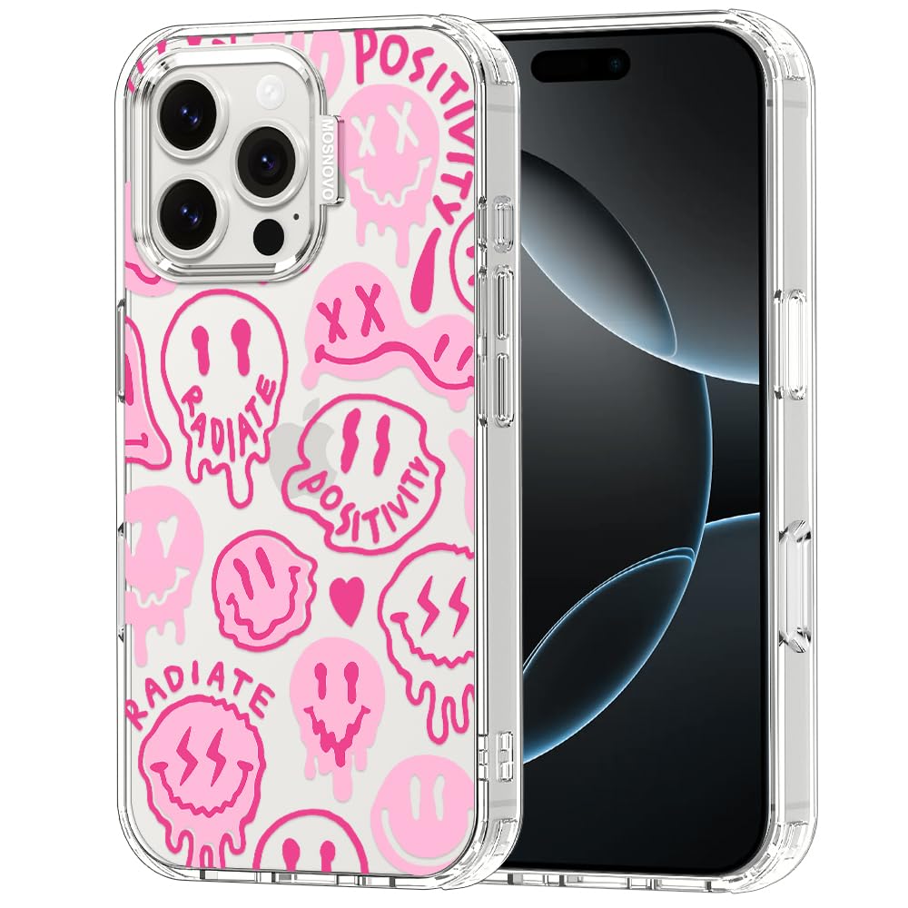 MOSNOVO Case for iPhone 16 Pro Max, [Buffertech 6.6ft Military-Grade Drop Protection] [Anti Peel Off Tech] Clear TPU Bumper Phone Case Cover Design - Pink Dripping Smiles Positivity Radiate Face