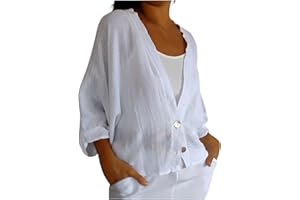 TANGNADE Womens 3/4 Sleeve Cotton Linen Button Down Up Shirt V Neck Tops Shirts Blouses Beach Cover Up for Women