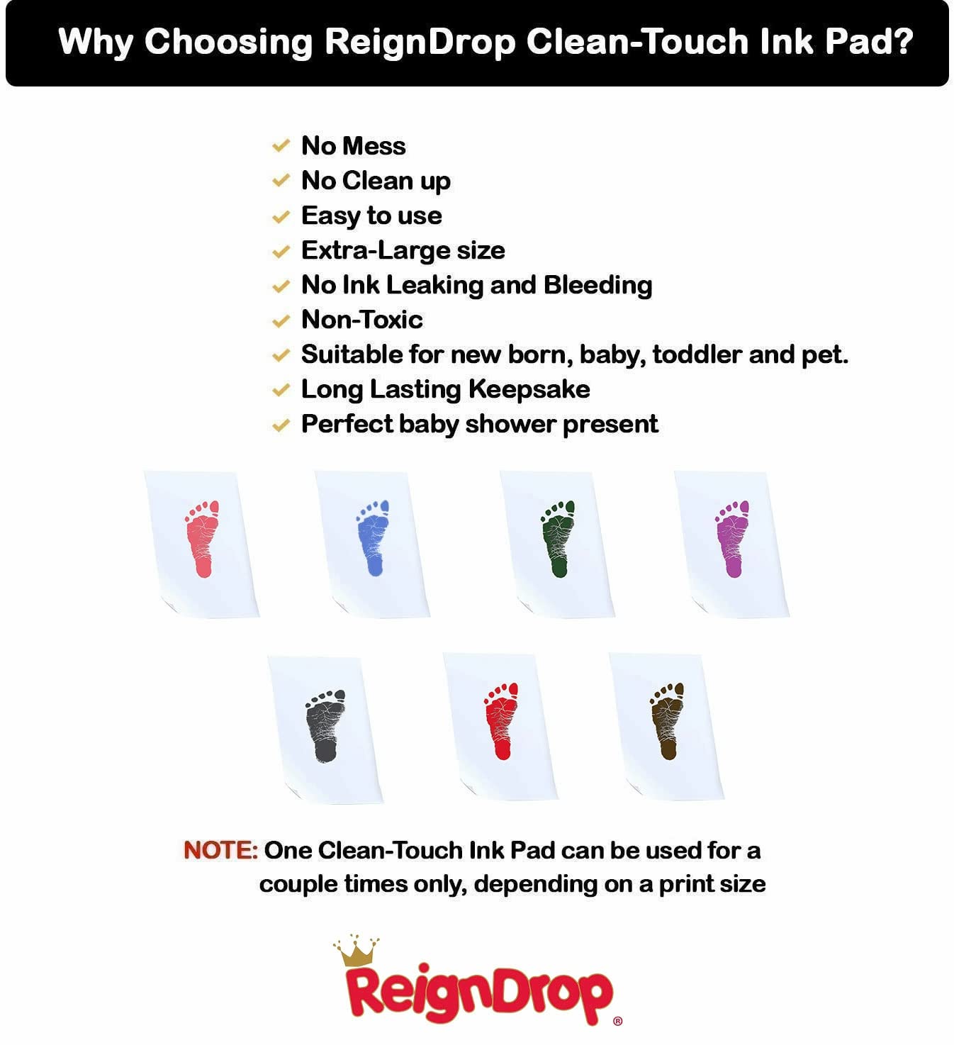 Inkless Large Clean Touch Ink Pad Kit for Baby Footprint, Handprint & Pet Paw Print - No Ink Mess, Clear Print, Smudge Resistant, Long Lasting, Baby Safe, Includes 2 Cardstock(Clean-Touch - Red)