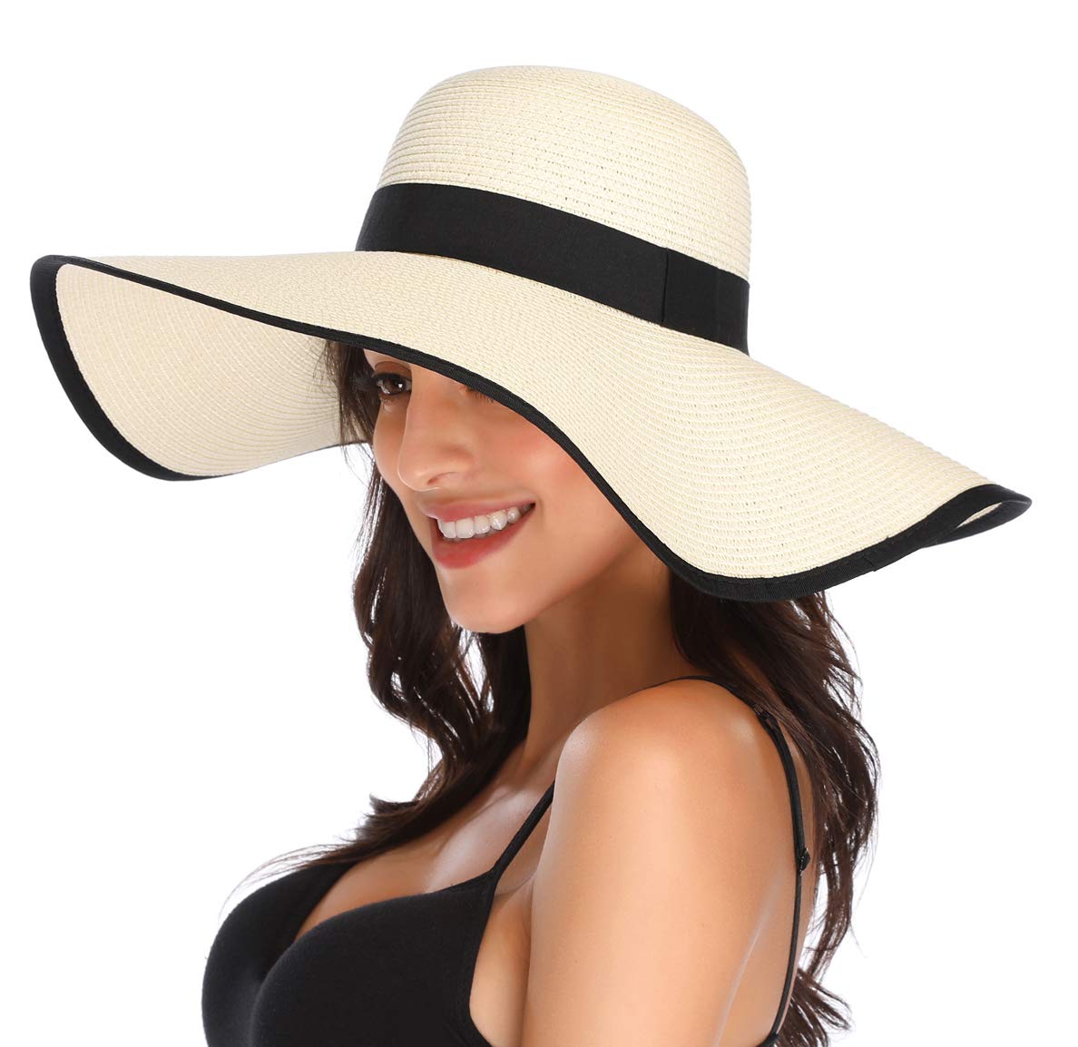 Lanzom Women's 5.5 Inches Wide Brim Straw Floppy Foldable Roll up Beach Sun UPF 50+ Cap, Style C-ivory White, One Size