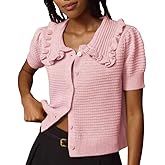 VAOYIU Women's Ruffle Collar Knit Cardigan Short Sleeve Button Down Sweater Top Vintage Cropped Ribbed Summer Outerwear