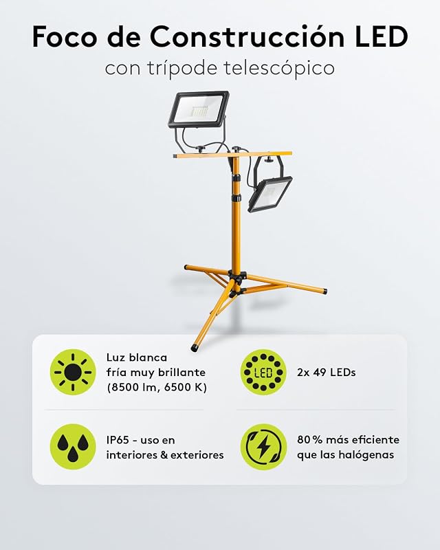 Holofote LED para Construção 49984 - Holofote telescópico de construção (cabeça dupla, para uso interior e exterior, tripé metálico, luz branca fria), preto, amarelo, 2x 50 watts