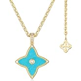 MYEARS Women Clover Necklace Pendant Lapis Lazuli/Mother of Pearl/Turquoise/Yellow Tiger's Eye Cubic Zirconia 14K Gold Simple Dainty Chain Everyday Trendy Lucky Jewelry