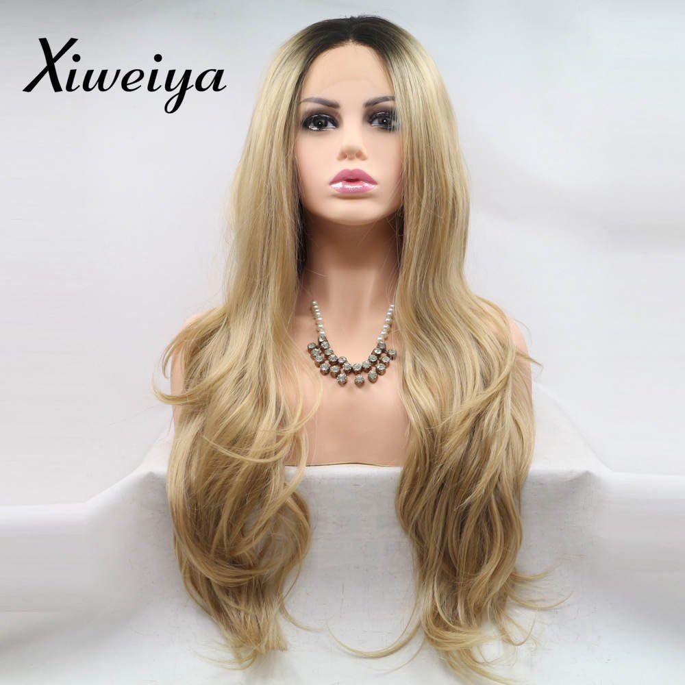 xiweiya Gold Blonde Wavy Wigs Long Curly Ombre Blonde Brown Lace Wigs Heat Resistant Fiber For Women 13x3 Lace Wig Natural Hairline Wig Drag Queen 24inch