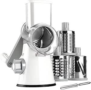 KEOUKE Vegetable Cheese Grater Slicer - Rotary Handheld Grater Shredder Grinder with a Stainless Steel Peeler (White)