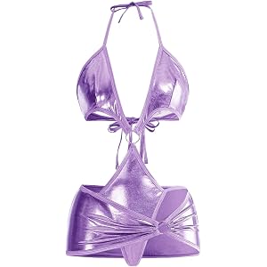 WDIRARA Women's Metallic 2 Piece Lingerie Set Halter Teddy Bodysuit Lingerie Skirt Set Rave Outfits