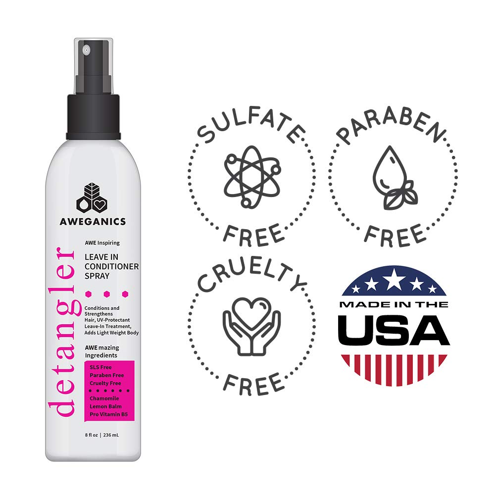 Aweganics Leave-in Conditioner Detangler Spray - AWE Inspiring Pro-Vitamin B5 Conditioning Hair Detangling Spray for Women, Men, Kids -SLS-Free, Paraben-Free, Cruelty-Free, COLOR SAFE, UV Protectant : Beauty