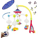 Baby Musical Mobile Crib,Baby Crib Decoration Newborn Gift,Projector Night Light Timing Function with 360°Rotating,108 Melodies Music Box with Remote Control Take-Along Rattle