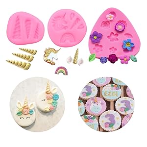 Mini Unicorn Mold Horn Ears Flowers Toppers Fondant Cake Pop Cookies for Birthday Party DIY Cake Decoration Jelly Chocolate Mold (Set of 3 )