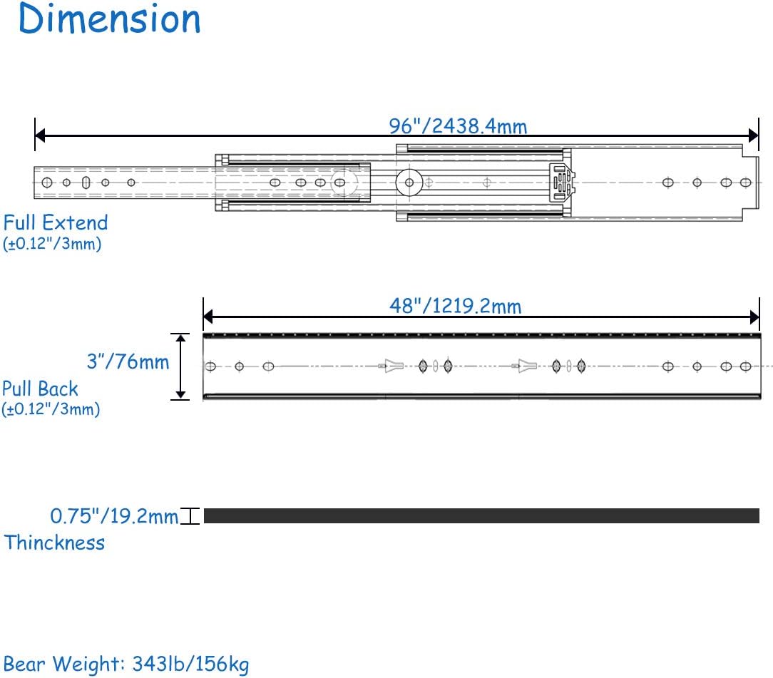 VADANIA 1200mm Heavy Duty Drawer Runners #A76 1 Pair, Max Load 220kg, Side Mount Full Extension Ball Bearing - Image 4