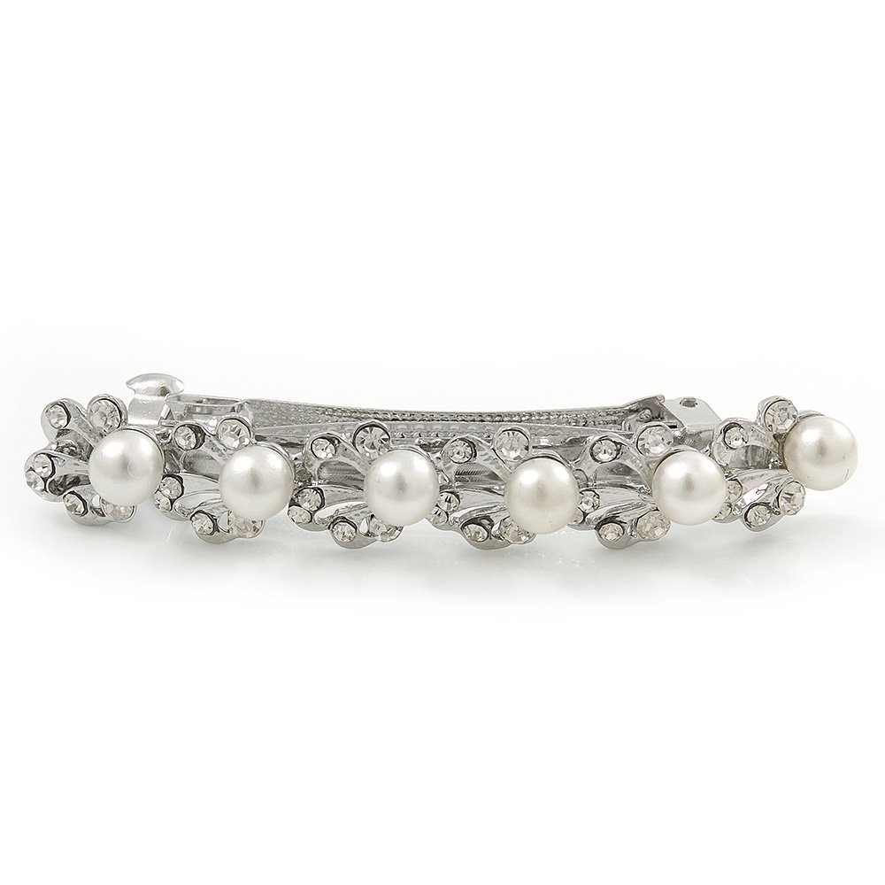 Bridal Wedding Prom Silver Tone Crystal Diamante & Simulated Pearl Barrette Hair Clip Grip - 85mm Width