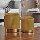 2BYF Round Ottoman with Storage Set of 2 Upholstered Velvet Vanity Stool for Living Room Storage Ottomans Multifunctional Foot Rest (Yellow with Bottom Gold)
