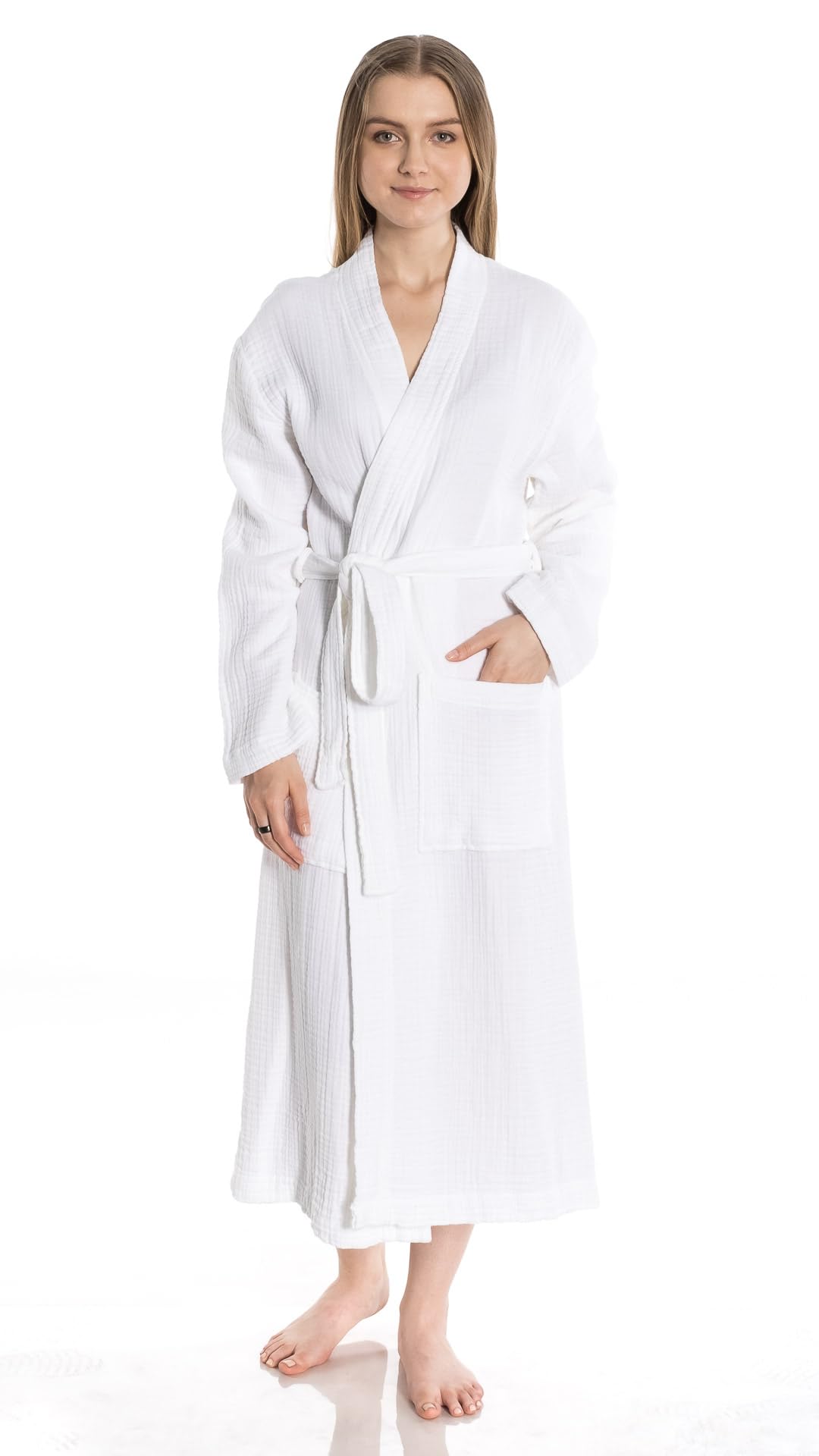 FOR SUSTAINABLE LIFE Muslin Unisex Bathrobe,Turkish 100% Cotton,Soft, Absorbent, Natural Garment Wash (White, Small/Medium)