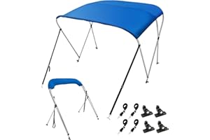 VEVOR 3 Bow Bimini Top Boat Cover, 600D Polyester Canopy with 1" Aluminum Alloy Frame, Waterproof and Sun Shade, Includes Storage Boot, 2 Support Poles, 4 Straps, 6'L x 46"H x 61"-66"W, Pacific Blue