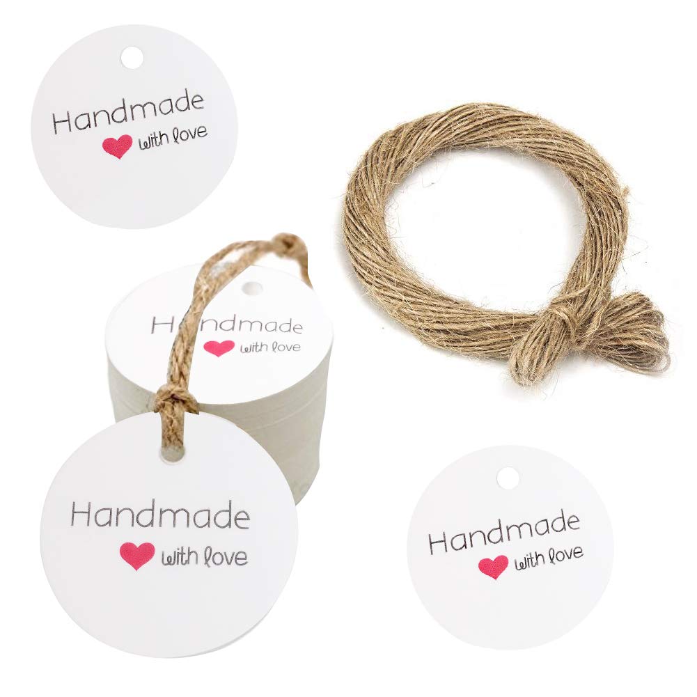 150 PCS Kraft Paper Gift Tags Handmade with Love DIY Whit Craft Card Wedding Labels Round Hang Tags with String for Luggage Crafts