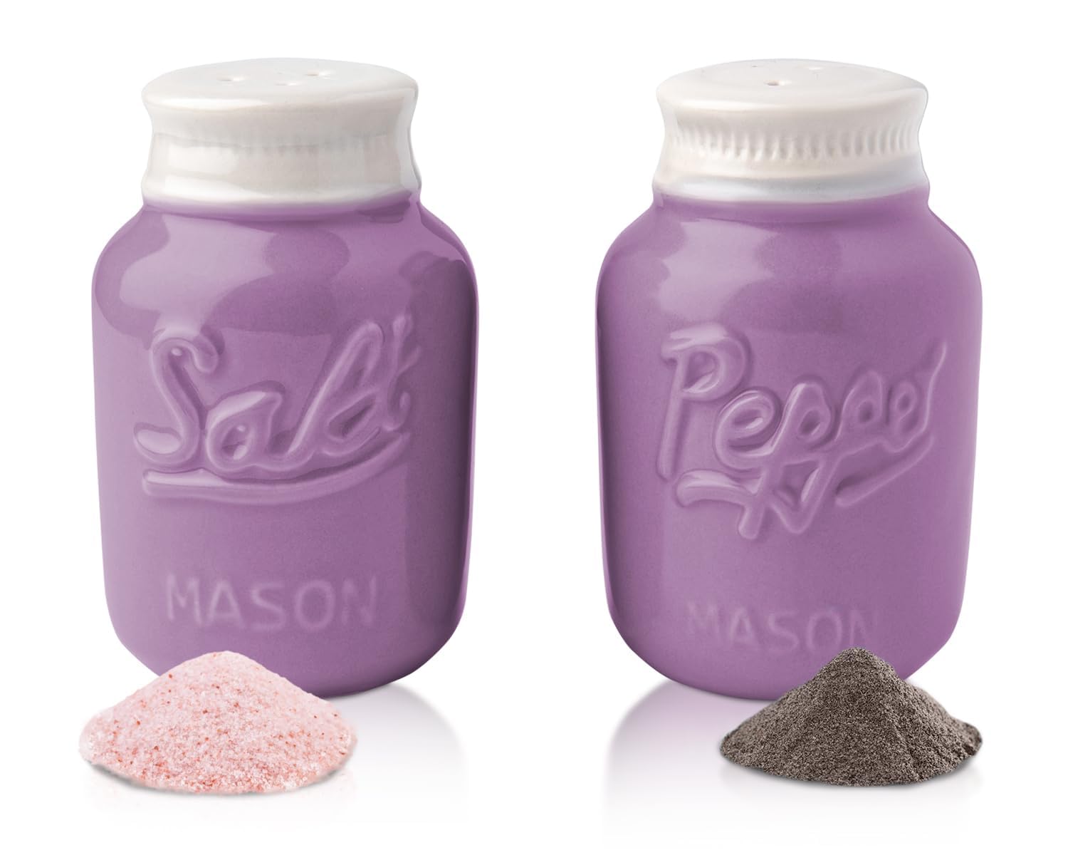 Vintage Mason Jar Salt & Pepper Shakers by Comfify - Adorable Decorative Mason Jar Decor for Vintage, Rustic, Shabby Chic - Sturdy Ceramic in Purple - 100 ml Cap.