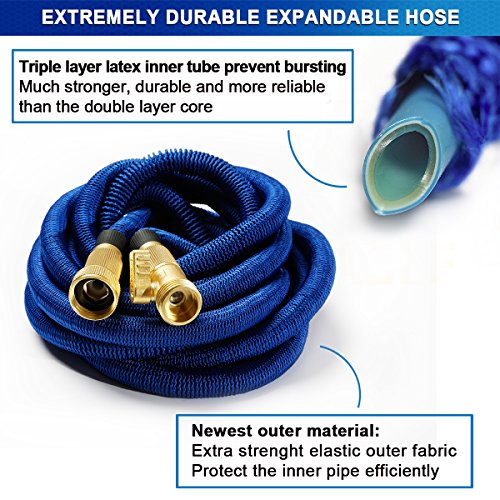 Iserlohn 50ft Expandable Garden Hose with 8 Pattern Spray Nozzle and 12 Pack Washer, Water Hose with Triple Layer Latex Core, Solid Brass Connector, Blue