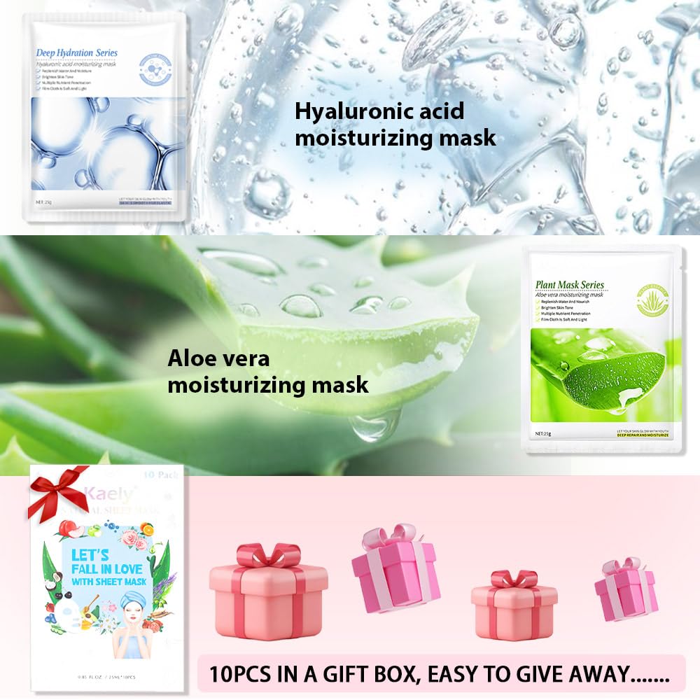 Kaely 10 Pack Variety Sheet Masks, Spa Party Face Masks for Kids Skin Care, Facial Mask Skincare Set Korean, Moisturize Nourish for All Skin Types, Birthday Gifts for Women Men Girls, Set01