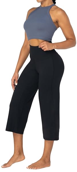 SUNZEL YOGA PANTS FOR WOMEN STRAIGHT WIDE LEG CAPRIS HIGH WAISTED LOUNGE CROP PANTS (23″ INSEAM, BLACK, L)