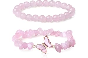 DUQGUHO 2Pcs Butterfly Bracelets for Women Healing Crystals Bracelets for Women Natural Gemstone Stretchable Chip Jewelry 8mm Crystal Beaded Bracelet Gift for Birthday