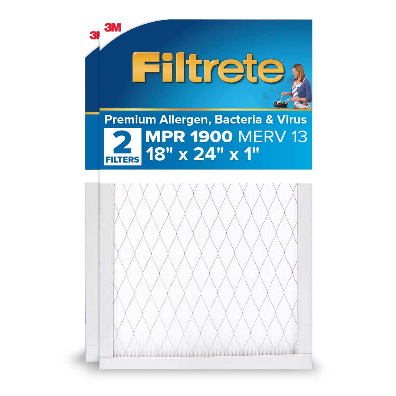 Filtrete 18x24x1 AC Furnace Air Filter, MERV 13, MPR 1900, Premium Allergen, Bacteria & Virus Filter, 3-Month Pleated 1-Inch Electrostatic Air Cleaning Filter, 2-Pack (Actual Size 17.81x23.81x0.78 in)