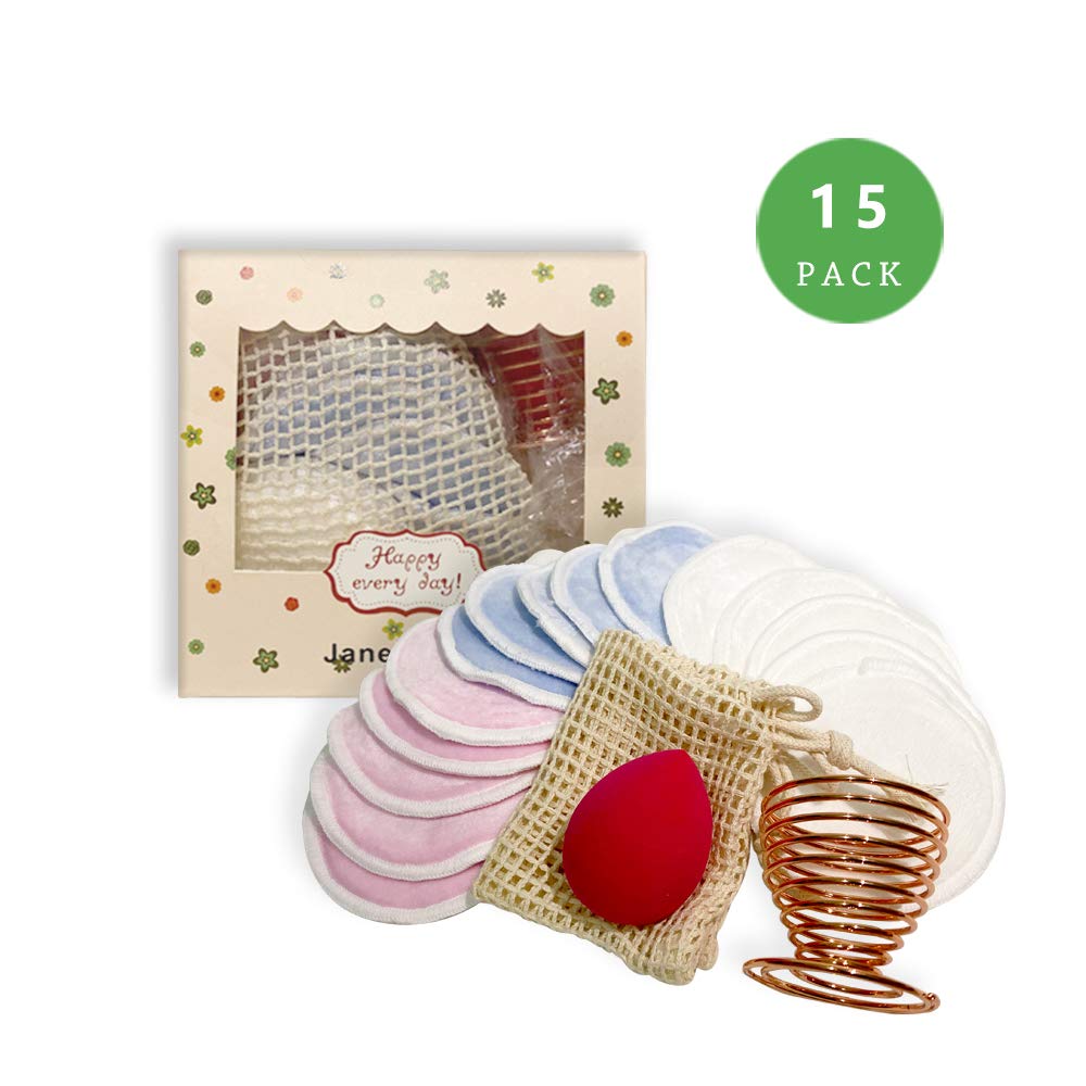 Janesvissy Reusable Makeup Remover Pads, 15 PCS Washable Eco-friendly Natural Bamboo Fiber Organic Make-up Pads, for All Skin Types,1 Laundry Bag 1 Makeup Sponge 1 Makeup Sponges Stand