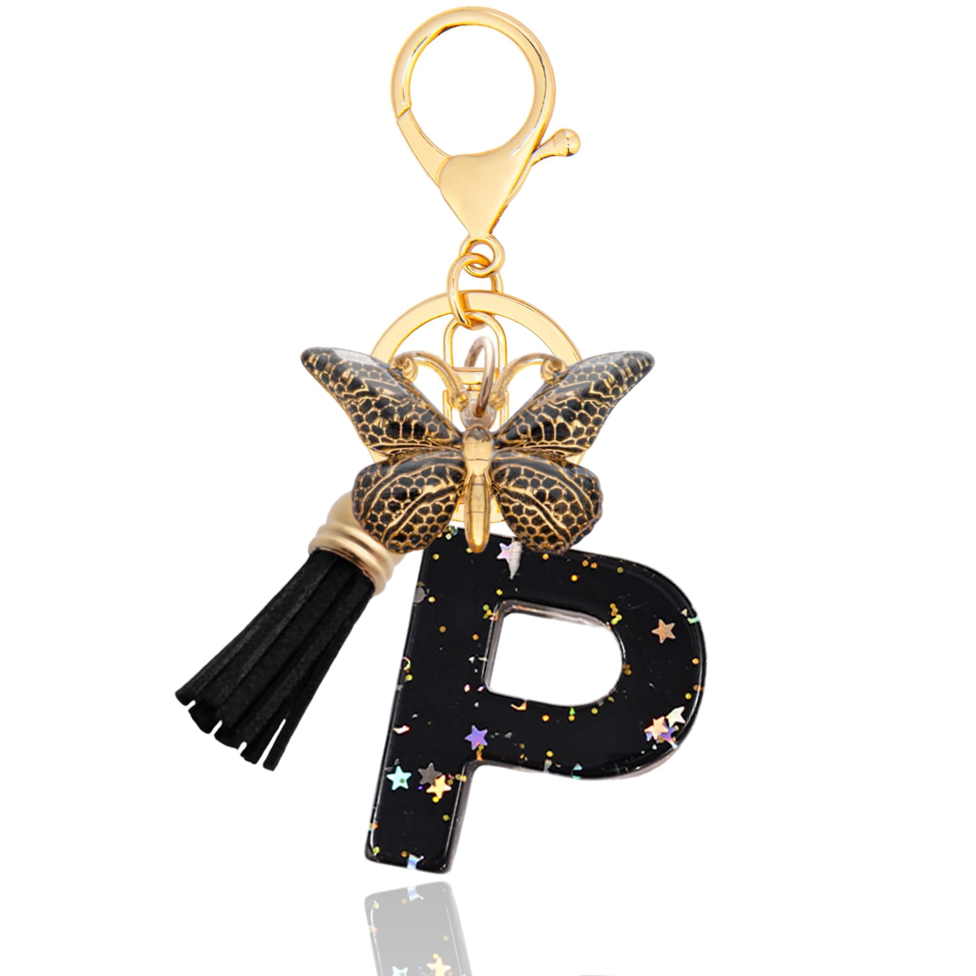 Photo 1 of ANHBKAR Alphabet Initial Letter Keychain, Butterfly Keychain Cute Resin, Initial Keychain to Backpack Charms, Key chain Gift for Women, Girls (P, BLACK)