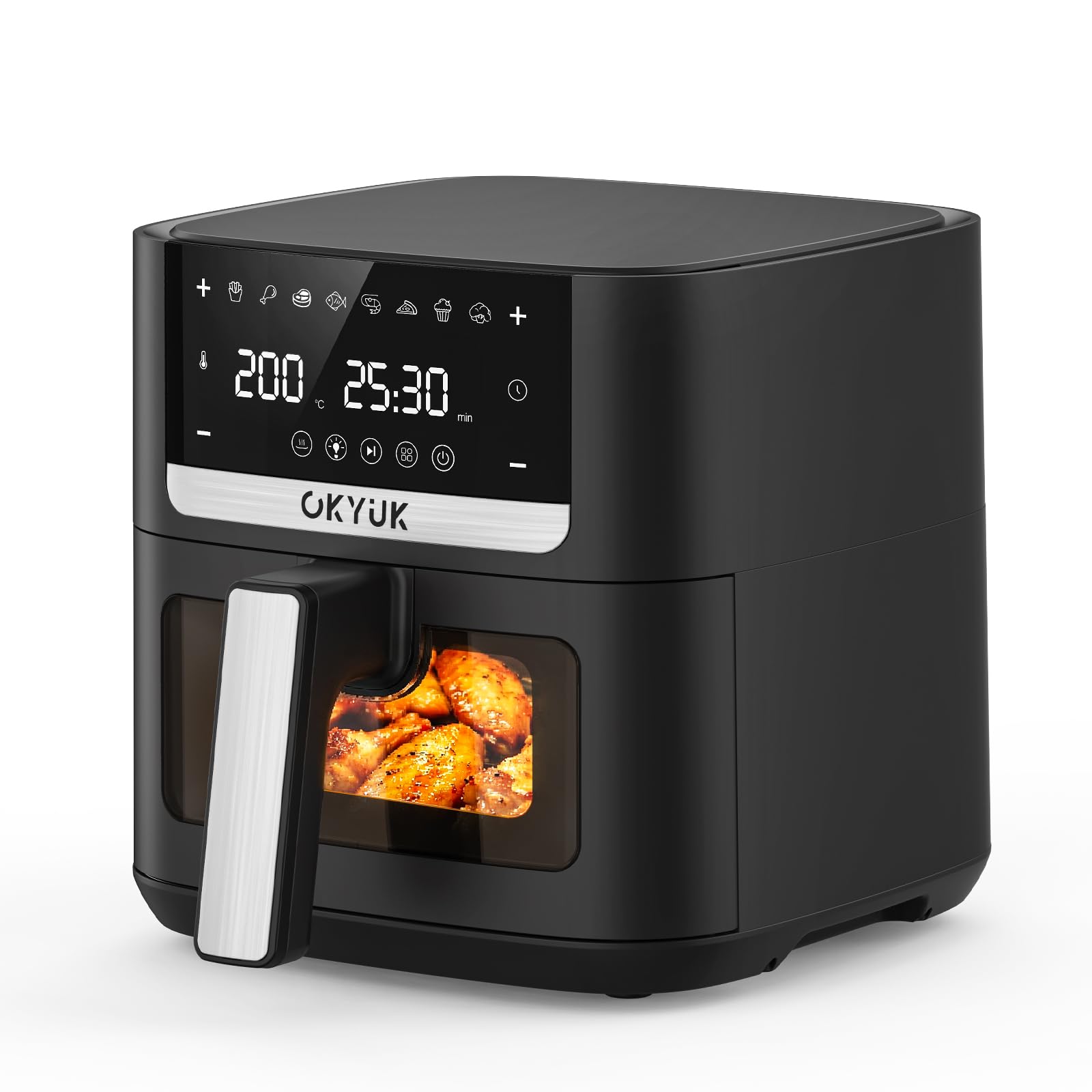 OKYUK Heißluftfritteuse 6L Airfryer XL - 1200W Friteuse ohne Öl mit Metall-Innenraum | Heissluftfriteuse Air Fryer, 8 Programmen, Digitales LED-Display, Timer, Benutzerfreundlich, 80-200°C