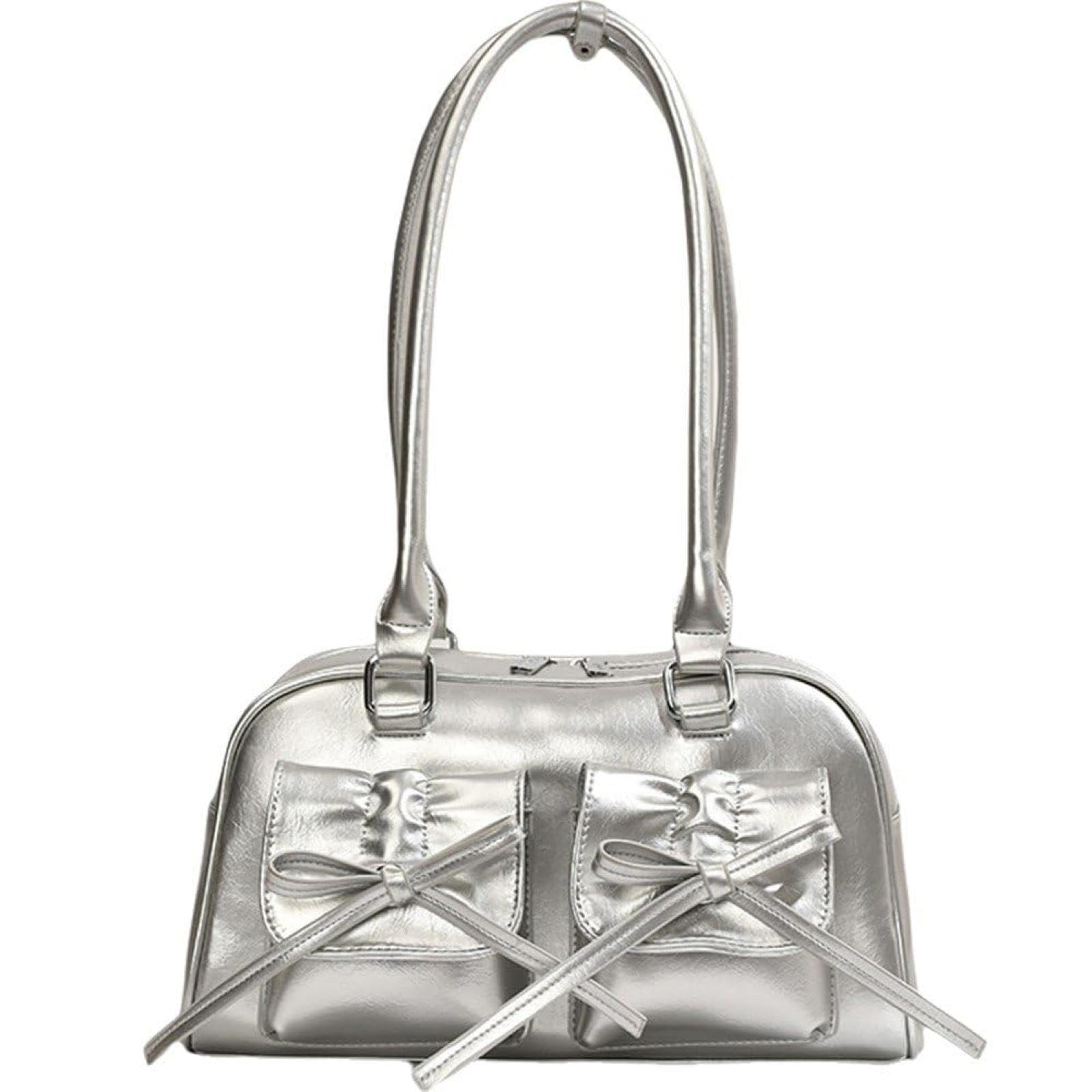 Y2K Women's PU Leather Handbag, Bowknot, Cute, Shoulder Bag, Handbag, Lightweight, Stylish, Silver