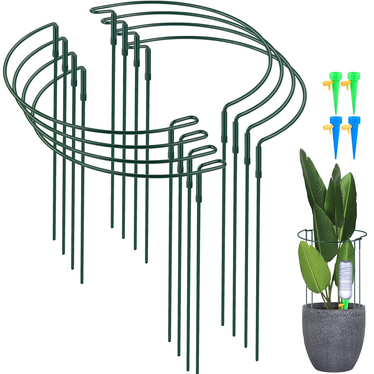 HUMOKI Half Round Plant Supports, 8 Pack Garden Hoop Plant Support, Metal Plant Supports with 4 Self Watering Spikes, Hydrangea Support Frame, for Tomatoes Tulips Roses Daisies Lavender - 36x26cm